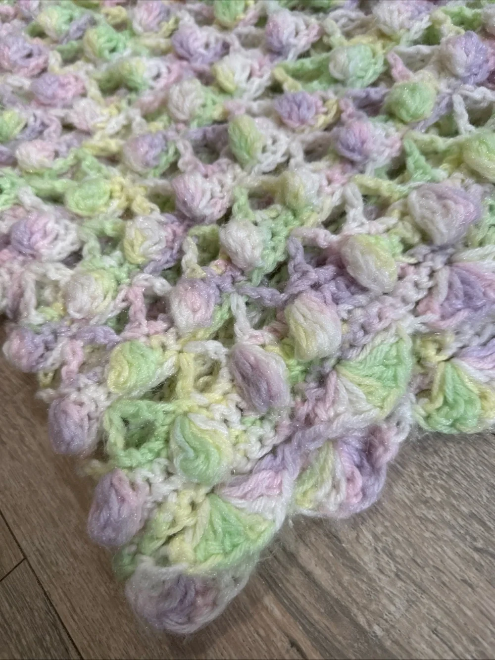 Crocheted Baby Blanket Handmade Soft Pastel Colors Purple Pink Green 37
